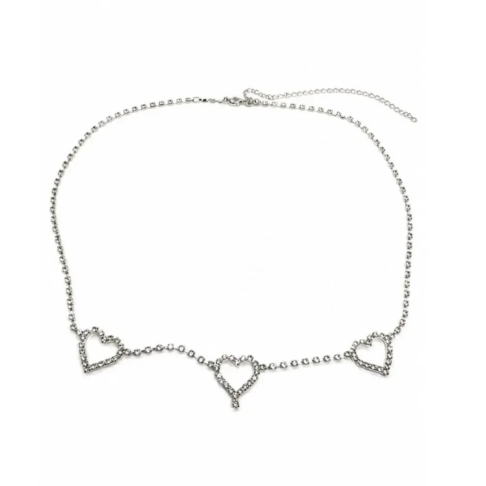 Y2K RHINESTONE BELT Silver Tone Heart Chain Waist Belt Body Chain